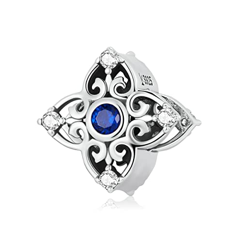 Charm Coeur Argent 925 Vintage breloque ciselée sertie de zircon bleu pour bracelet