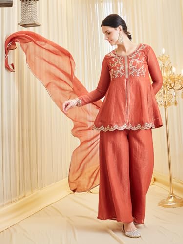 Image of MOKOSH Women's Silk Embroidered Peplum Kurta Sharara with Dupatta | Kurta Set | Ethnic Wear |Round Neck Full Sleeve Kurta | 3 Piece Outfit |Embroidered