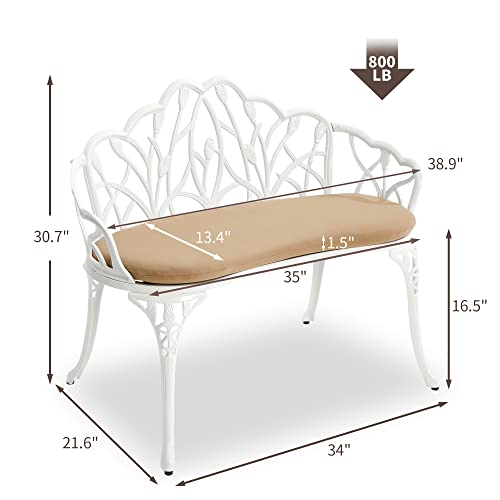 Homefun Outdoor Patio Bench, Garden Bench With Cushion All-Weather Cast Aluminum Extra Loveseat For Lawn Front Porch Path Yard Decor Deck Furniture White #TOP6