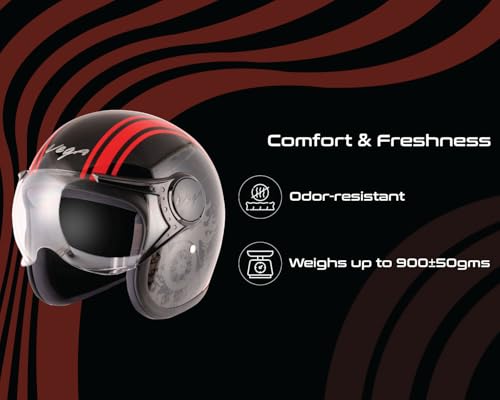 Vega Jet Old School ISI DOT Certified Gloss Finish Open Face Helmet for Men and Women with Clear Visor(Black Red, Size:L)