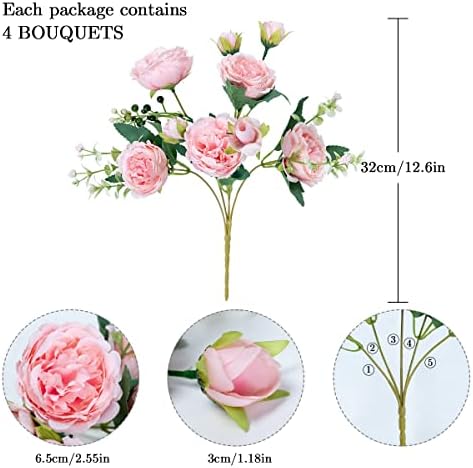 Hobyhoon 4 Bunches Peony Artificial Flowers for Decoration Faux Roses Fake Bouquet Real Touch Silk Flores Artificiales for Vase Wedding Home Décor (Light Pink)
