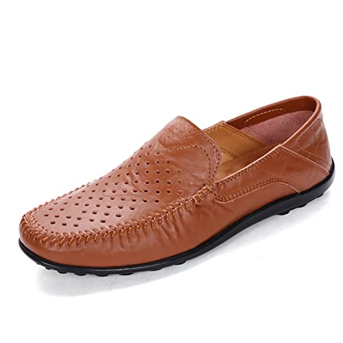 HOOENG Shoes Smoking Loafer for Men Genuine Leather Round Toe Stitching Details Perforated Breathable Flexible Lightweight Anti-Slip Casual Slip on