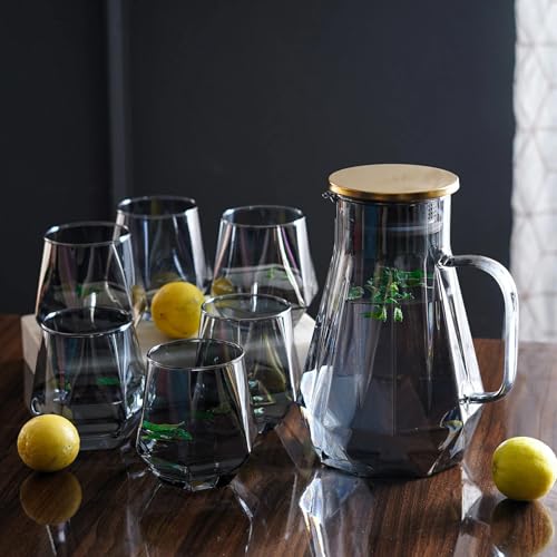 Image of Premium Black Water and Juice Glasses Set of 6 350ML and 1.5 Liter Water Jug 1 Piece,Transparent Glass and Jug Set for Dining Table,Party,Gift Set,All pourpse use (7 Piece) (MT-15)