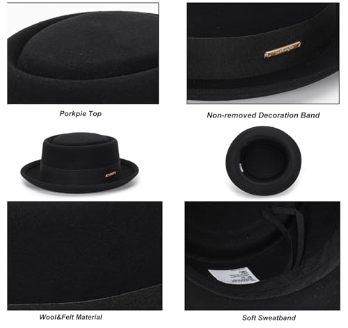 Image of Mens Flat Top Porkpie Hat Bowler Hats - Black Wool Hat with Band(S-M)