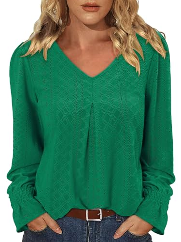 KISSMODA Long Sleeve Fall Shirts For Women V Neck Tunic Tops Embroidered Button Down Knitted Blouses 2025