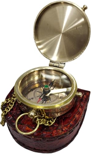 Brújula de latón grabado, 2 pulgadas, con estuche de cuero marrón miniatura 4