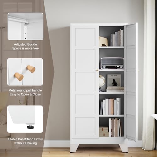Image of Yizosh Metal Storage Cabinet with 2 Doors and 4 Adjustable Shelves,- 71 inch White Kitchen Pantry Storage Cabinet for Kitchen,Dining Room,Living Room
