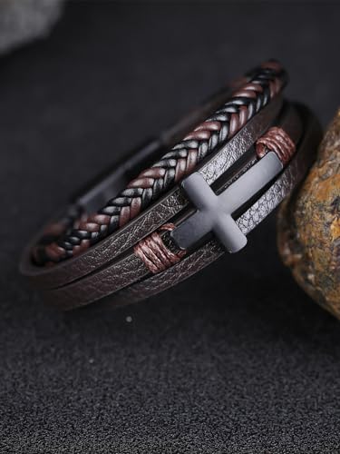 Mens Leather Cross Bracelet Braided Multi Layer Wristband with Stainless Steel Clasp - Christian Religious Gifts for Him(Brown/Black/Blue)4