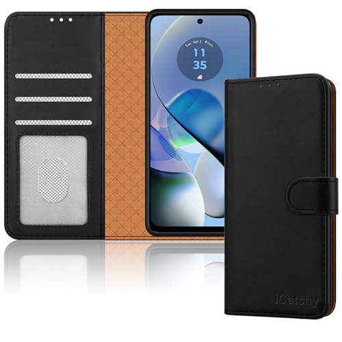 iCatchy for Motorola Moto G54 / G64 Case Leather Wallet Book Flip Folio Stand View Magnetic Protect RFID Blocking Cover Compatible with Motorola G54 5G / G64 5G Phone (Black)