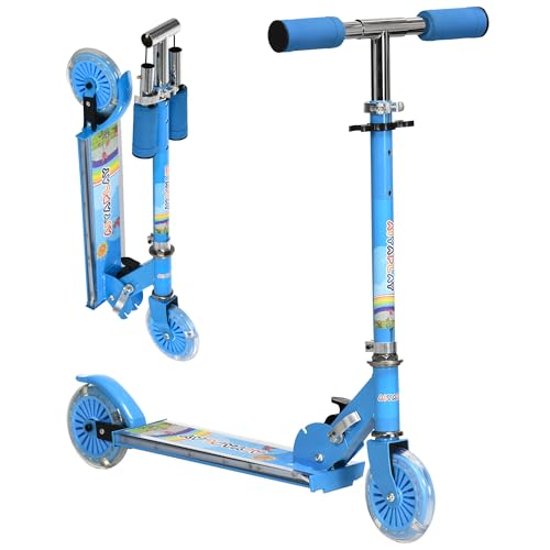 HOMCOM Patinete para Niños de 2 Ruedas, Patinete Infantil Plegable con Música 4 Altura Ajustable 65-78 cm Ruedas con Luces LED para 3-7 Años Carga 50 kg Azul