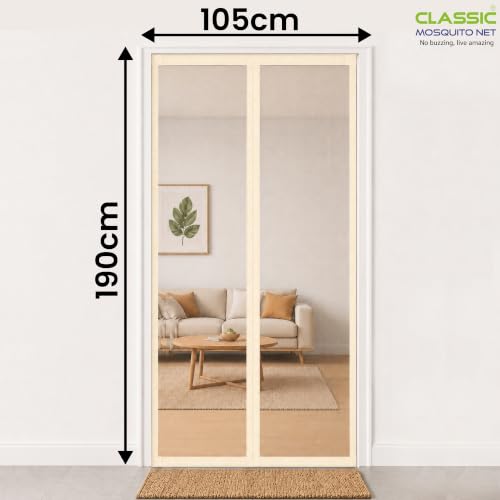 Image of Classic Mosquito Net for Doors with Magnet - Heavy-Duty Fiberglass Mesh | Strong Auto-Iose Magnets | Full Frame Hook-&-Loop | DIY Installation for Wooden /UPVC /Marble Doors (190x105 cm, Ivory)