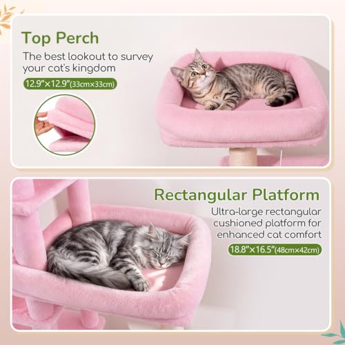 Image of Globlazer Extra Large Platform Cat Tree, 65in Sturdy Cat Scratching Tree for Indoor Cats Large Adult, Big Cat Perch Tower with 3 Padded Perches, 6 Scratching Posts, Cat Condo, Hammock, S65, Pink