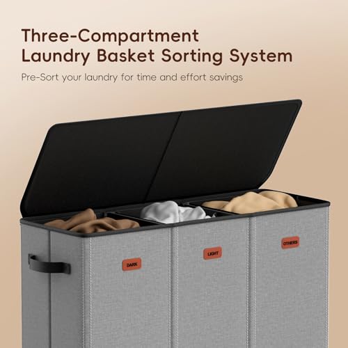 Image of 185L Laundry Hamper 3-Compartment, Laundry Basket Organizer, Gray