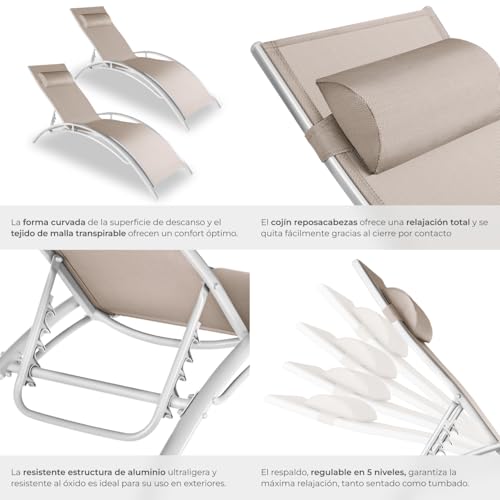 tectake® Set de 2 Tumbonas Jardín Exterior, Tumbona con Reposacabezas para Playa y Reclinable en 7 Posiciones, Tumbona Piscina en Aluminio, Carga Máx. 120 kg, Fácil Montaje - Beige - imagen 7