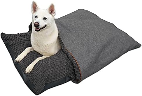 rucomfy Fibre-Filled Medium Burrower Calming Dog Bed with Comfort Blanket - Machine Washable Jumbo Cord Pet Bed with Water Resistant Base - 70 x 85 x 20cm (Mustard)