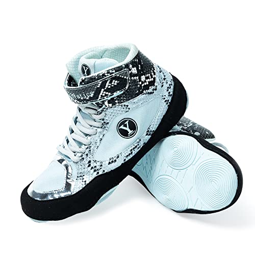 Yes! Athletics - Beast Wrestling Shoes for Girls and Women, Light, Breathable Boxing Shoes, Microsuede Leopard Printed Weightlifting Shoes with Hook and Loop Strap, Beast Blue, Women's Size 6