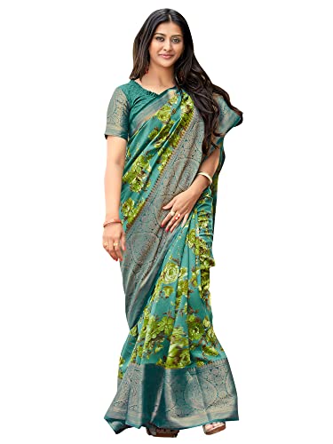 Image of AKHILAM Women's Sungudi Cotton Blend Paisley Printed Jacquard Work & Zari Border Saree With Unstitched Blouse Piece (MEERA17 SR Parent)