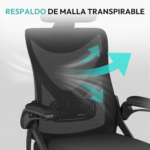Yaheetech Silla de Oficina Ergonomica con Soporte Lumbar Silla Escritorio Reposabrazo Ajustable Silla Oficina Reposacabeza Base Giratoria de 70 cm Transpirable Negro