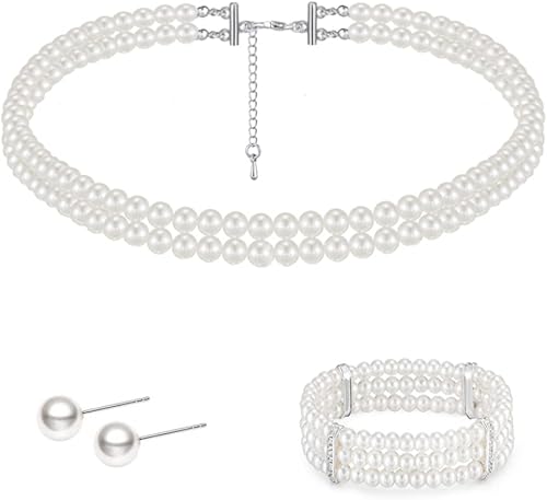 Gionforsy Gargantilla de perlas blancas, collar de perlas de múltiples hebras, collar de perlas cortas para boda, fiesta de té, talla única , perla