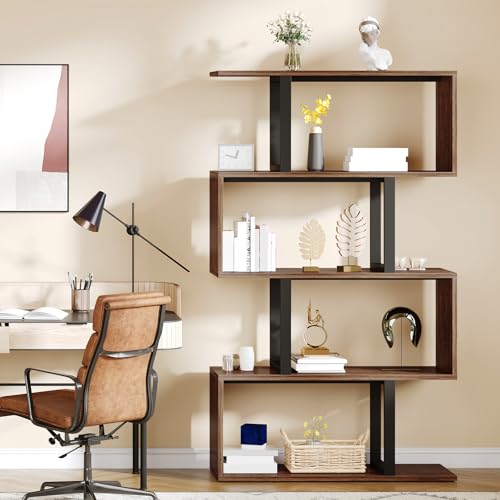 DWVO Geometric Bookshelf, 5-Tier Bookshelf S-Shaped Bookshelves, Industrial Geometric Bookcase Freestanding Multifunctional Storage Shelving for Living Room Home Office, Retro Brown