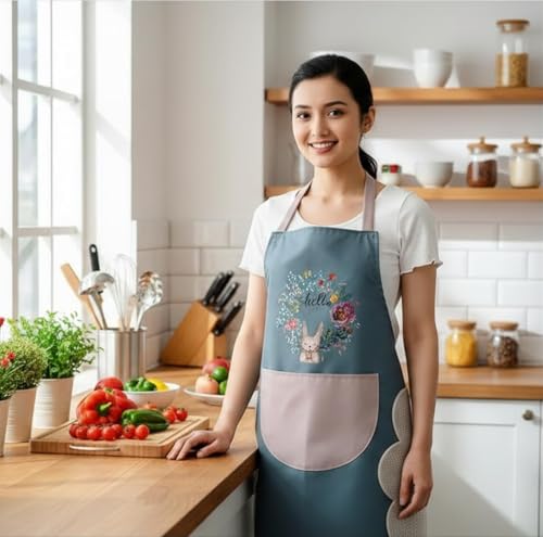 Image of Apron For Kitchen Cotton Kitchen Apron Set with Front Pocket Floral Bunny Design, Cooking Printed Apron For Women [ 1-pcs ]