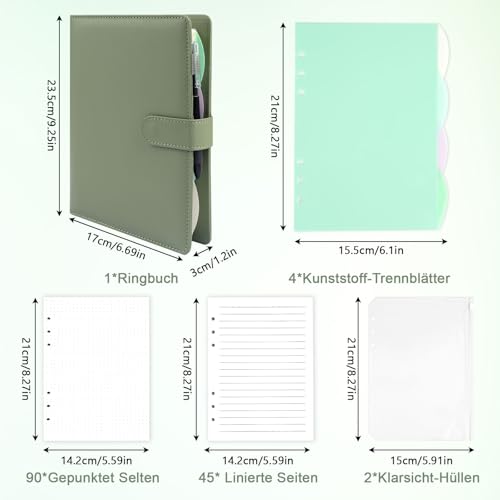 Binlava Ringbuch A5 Nachfüllbar, Notizbuch A5 Mit 135 Blätter Nachfüllpapier und Bindertaschen, 6 Ringe Notizbuch Din A5 Ringbuch für Schulnotizen, Reisetagebücher, Planer (Grün)
