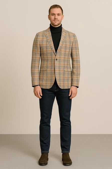 Classic Beige Checkered Blazer – Tan Plaid Sport Coat - Camel Windowpane Pattern2