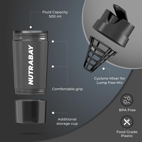 Image of Nutrabay Gym Cyclone Shaker Bottle 500ml with Extra Compartment for carrying Protein Powder & Multivitamin Pills, Ideal for Protein Shake, 100% Leakproof, Food Grade, BPA Free Material Sipper Gym Bottle - 500ml (Black, Plastic)