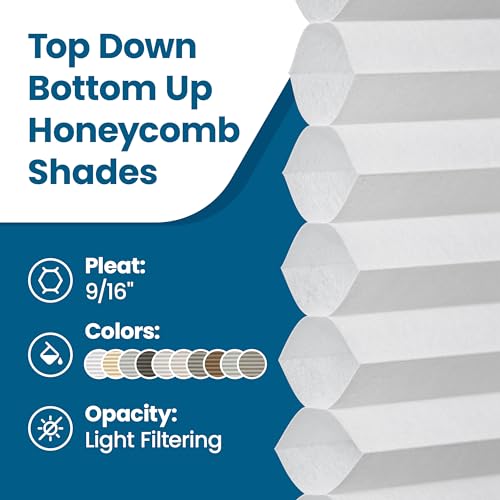 BlindsAvenue Cordless Top Down Bottom Up Cellular Honeycomb Shade, 9/16" Single Cell, Light Filtering, Cotton White, Size: 26.5" W x 72" H