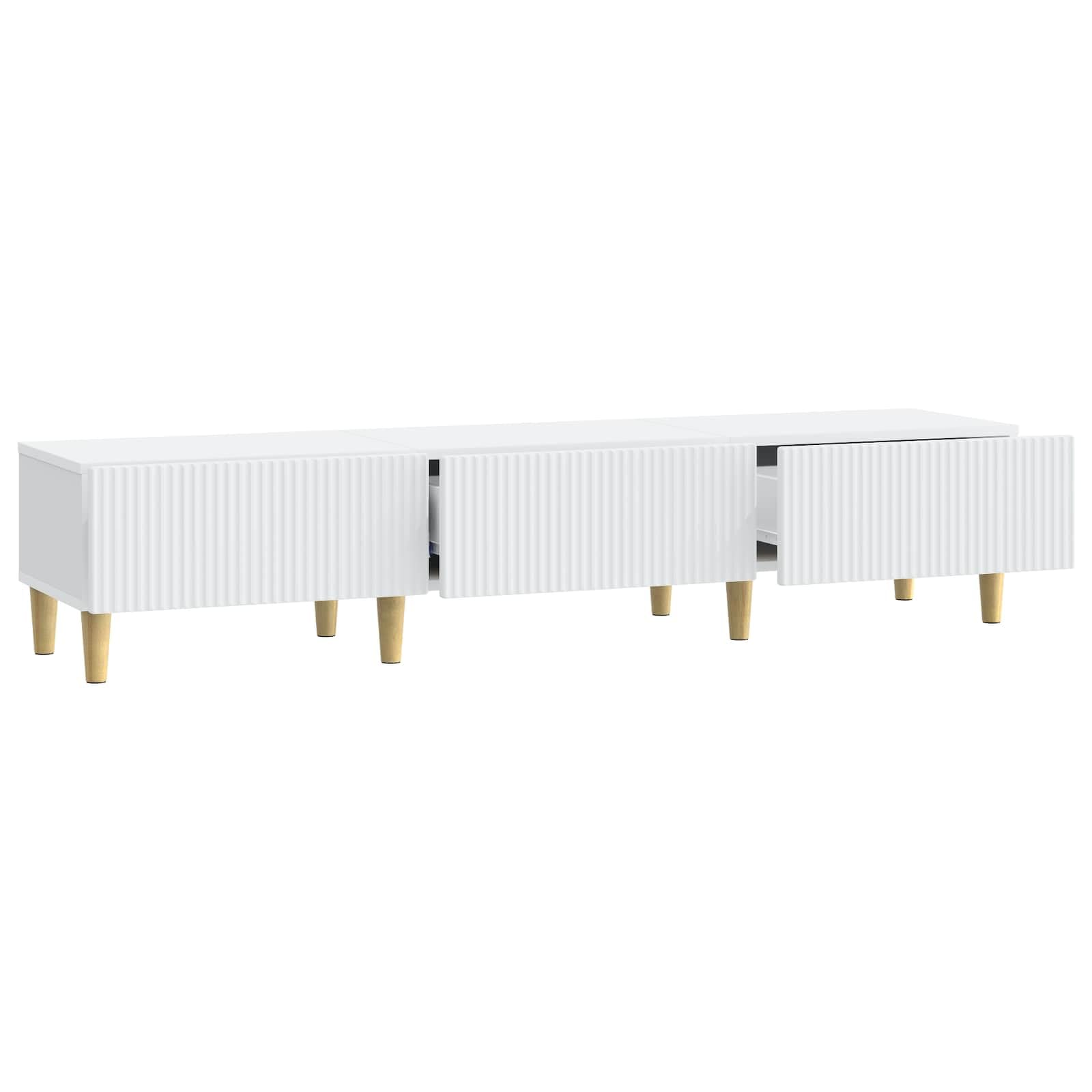 Mobile TV basso con 3 cassetti, bianco, 147 x 34,5 x 30 cm, in legno, mobile multimediale per TV, home theater, passacavi, spazio per ricevitori, altoparlanti