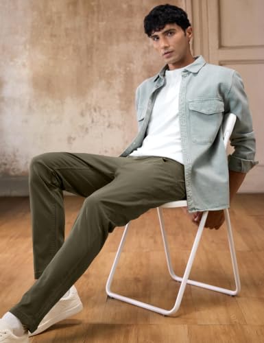 Image of Spykar Men Olive Green Cotton Slim Fit Ankle Length Mid Rise Trousers
