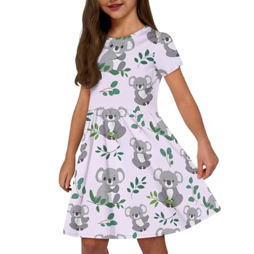 Girls Dress with Pockets Basic Short Sleeve High Waist Swing Skater Dress School Party Dress for Kids