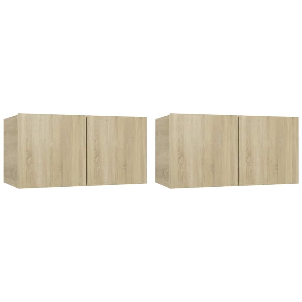 Szafki wiszące pod TV 2 szt., dąb sonoma 60x30x30 cm, nowoczesny zestaw RTV do salonu z dwiema przegródkami, łatwy w czyszczeniu wilgotną ściereczką.
