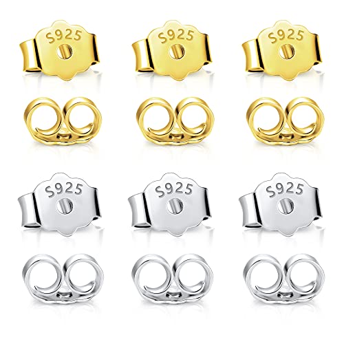Fermoirs Or Argent pour Boucles d'Oreilles, 12 Pièces Fermoirs de en Argent Sterling 925 Remplacement Sûr pour les Poteaux Fermoirs de Sécurité Papillon...