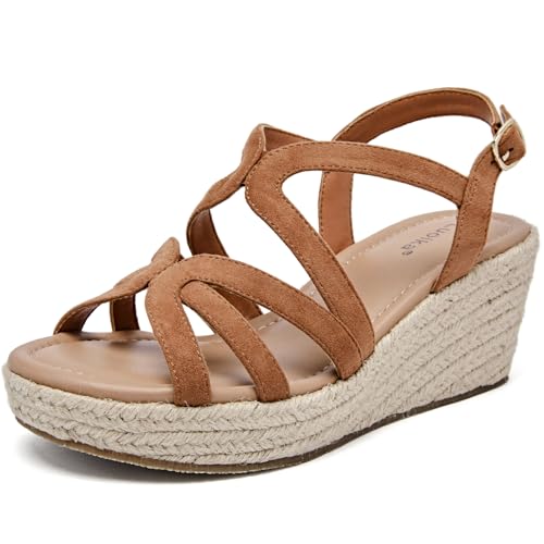 Image of Luoika Women's Wide Width Wedge Sandals, Ankle Strap Open Toe Platform Espadrille Wedge Pump Heel Women's Sandals Concise Casual Summer Shoes. Brown 816 7XW