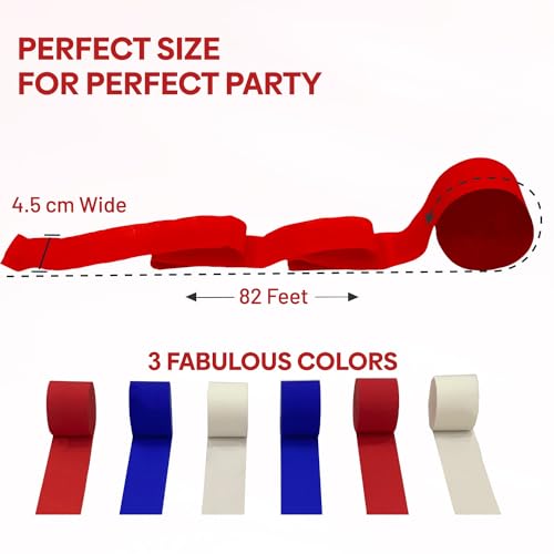 Image of 6 Red White Blue Streamers, 492ft Pack of Crepe Paper Party Decorations | Each roll is 82 ft long and 1.8 Inch wide ideal for Birthday Party Decor, Baby showers and 4th of July Celebrations