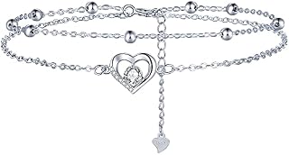 Lydreewam Love Heart Anklet for Women 925 Sterling Silver Double Ankle Bracelet Summer Barefoot Beach Foot Chain with Zirconia, Adjustable 22+4cm
