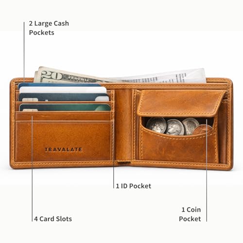 Image of TRAVALATE Brown Leather Wallet for Men | Stylish Bifold Men Wallet with 4 Easy Access Card Slots, 2 Large Cash Pockets & 1 Coin Pocket | Gift for Men - Brown