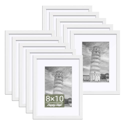 HappyHapi 8x10 Picture Frames Set of 10, 5x7 with Mat or 8x10 Without Mat, Tabletop or Wall Display for Photos, Paintings, Posters, Artwork(White)