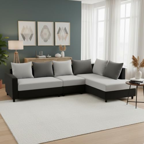 Image of FURNY Glory 6 Seater RHS Fabric Sofa Set (Black-Light Grey-Dark Grey) with Velvet Finish | Durable Comfort | Ideal for Living Room | Breathable material
