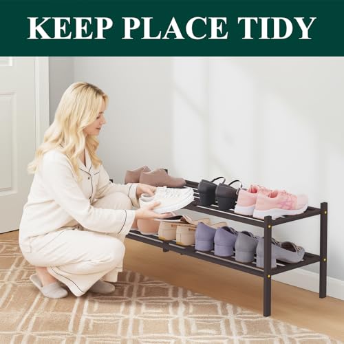 Image of Smiry Bamboo Shoe Rack, 5 Horizontal Slats, 2 Tier - 33.9 inch Wide, Brown