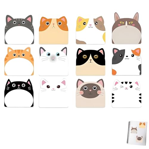 12PCS Cat Post It Notes, Cute Sticky Notes Set, Fun Animals Cat Stationery for Office School Home Creative Decoration Party Bag Fillers for Kids Girls Women Cat Designs