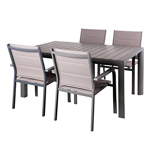 Alfresia Garden Dining Set 4 Seater - Outdoor Tables and Chairs Set, Aluminium Frame, Stacking Chairs, Choice of Table with Textilene Chairs (Rectangular Table with Four Textilene Chairs)