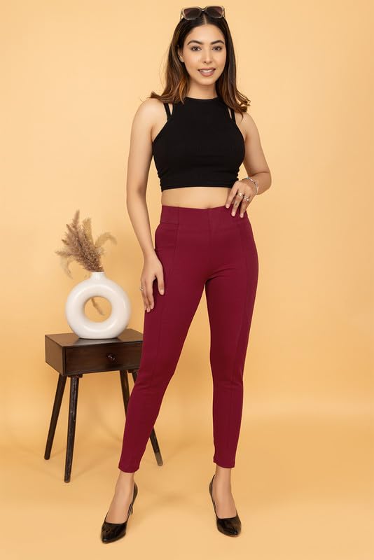 Image of Mlada Slim Fit Jeggings with Elastic Waist Band for Women Office Work Formal Wear Trousers Stretch Cotton Knit High Waist Skinny Fit Jeggings Lycra Pants Travel Comfort Jeggings
