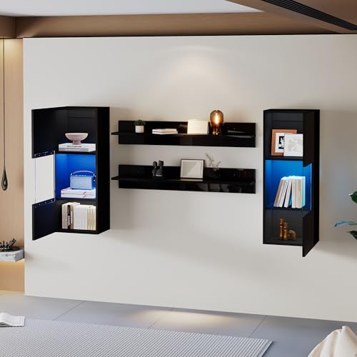 Merax Wohnwand 4-Teilig Set, Wohnwand Komplett-Set in Schwarz Hochglanz, LED-Wandschrank und 2 Regale, Vitrinen aus gehärtetem Glas, Moderne Anbauwand Schrankwand mit viel Stauraum für Ihr Wohnzimmer – Bild 5