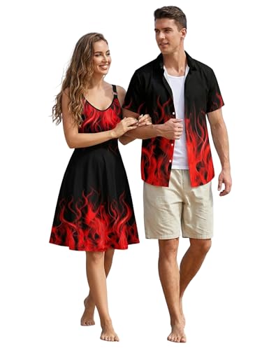 Image of DRESSFO Couple Matching Hawaiian Outfits Gothic Print V Neck Spaghetti Strap Dress or Roll Up Sleeve Shirts Outfit