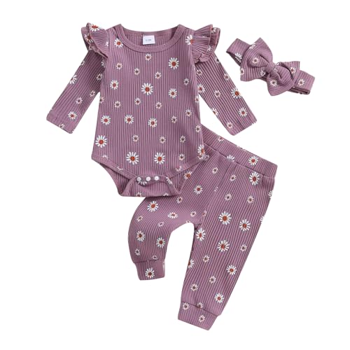 Image of Hnyenmcko Newborn Baby Girl Fall Outfits Rib Frill Long Sleeve Ruffled Romper Solid Pants Headband Set 3Pcs Winter Clothes