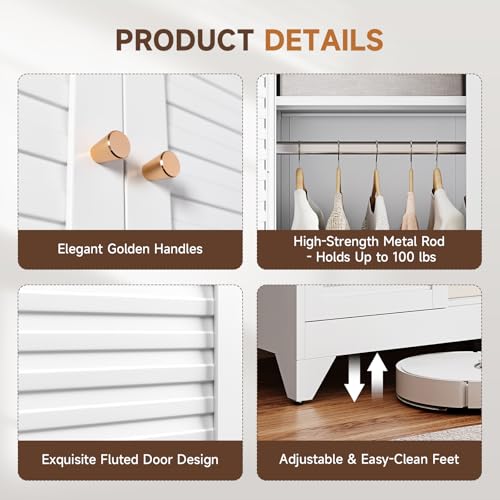 Image of Letaya Armoire Wardrobe Closet,20 inch Deep Metal Wardrobe Cabinet with Doors and Shelves,Hanging Rod Clothing Storage Cabinets for Home Room (White)