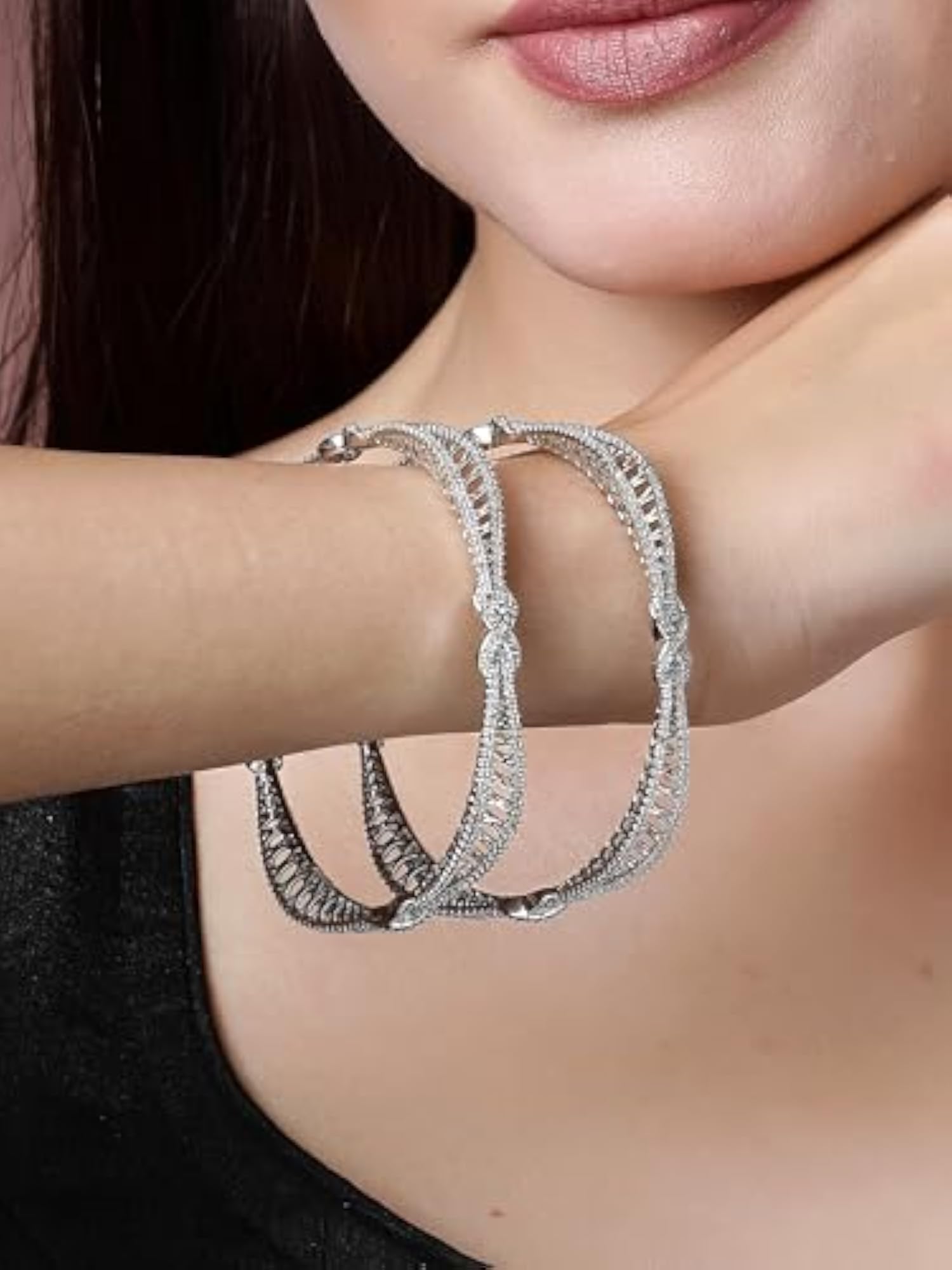 Set of 2 Plated American Diamond Studded Bangles, Elegant Gift