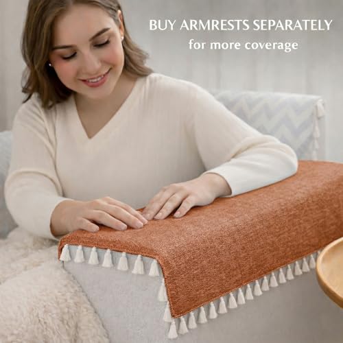 Image of STITCHNEST Jute Sofa Cover - Brown, 24x60 Inch | Soft Textured Fabric with Tassel| Full Coverage Sofa for Living Room Decor